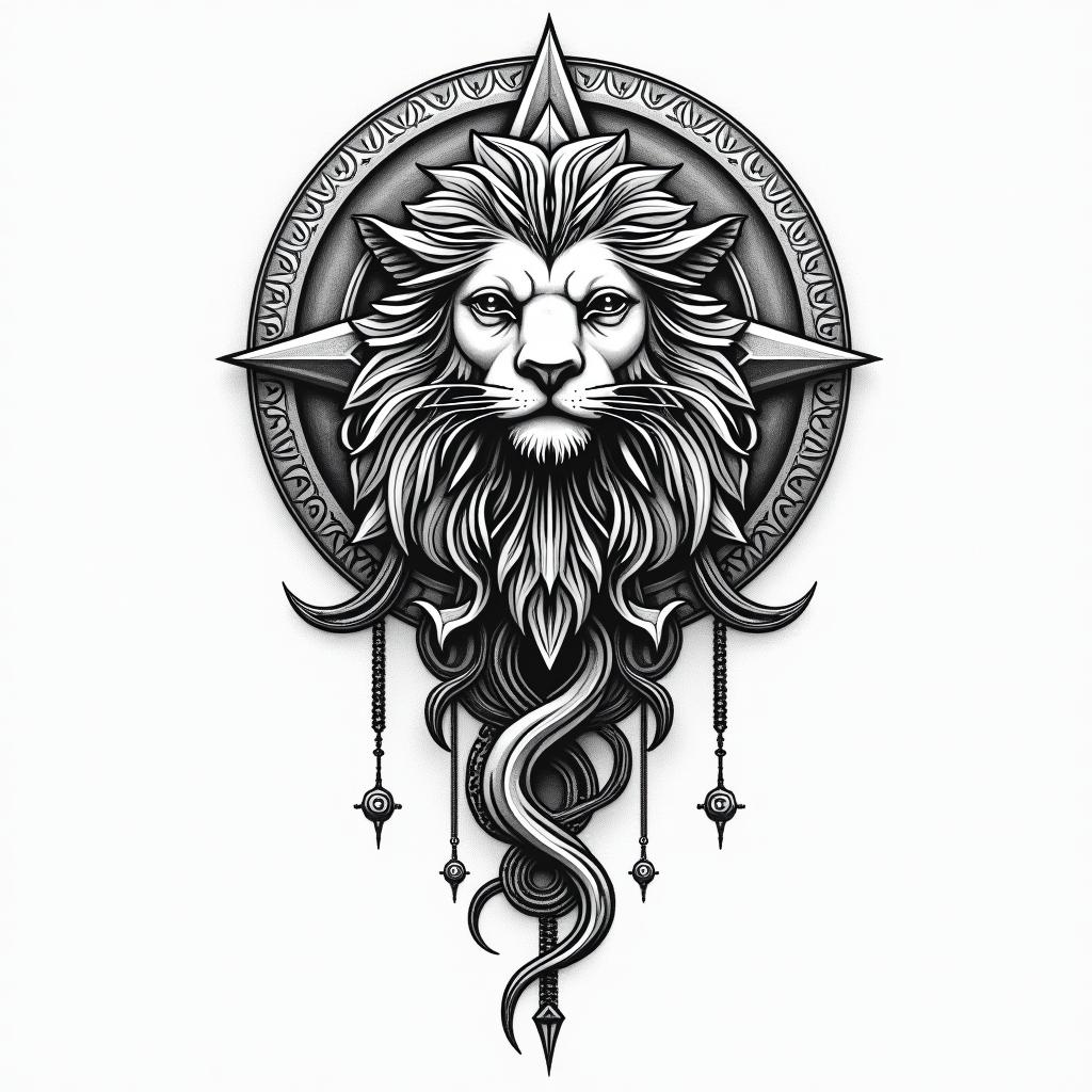 leoin paganic style tattoo, featuring ancient symbols, add vegvisir symbol, mystical figures, incorporating designs, pentagrams, runes, crescent moons,