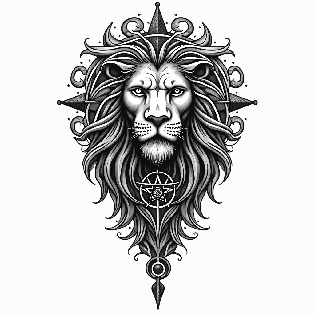 leoin paganic style tattoo, featuring ancient symbols, add vegvisir symbol, mystical figures, incorporating designs, pentagrams, runes, crescent moons, - Variation 2