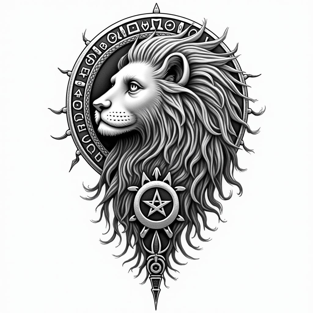 leoin paganic style tattoo, featuring ancient symbols, add vegvisir symbol, mystical figures, incorporating designs, pentagrams, runes, crescent moons, - Variation 3