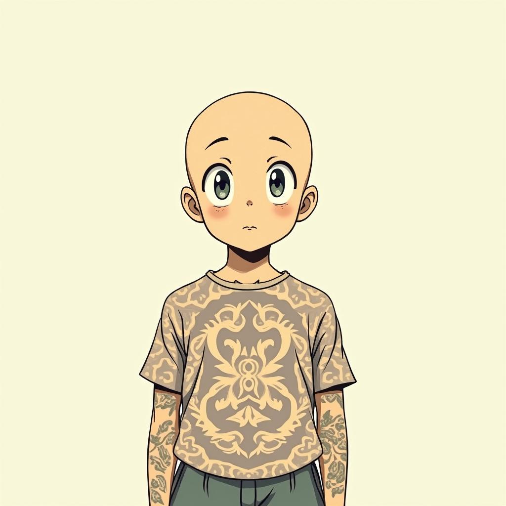 AnimeGhibli, Studio Ghibli aesthetic, hand-drawn anime style, retro nostalgic atmosphere, retro soft pastel color palette with earthy tones, retro Japanese cinematic shot, yellow tint effect, bald character, smooth surface, anime shadow 90's anime style - Variation 2