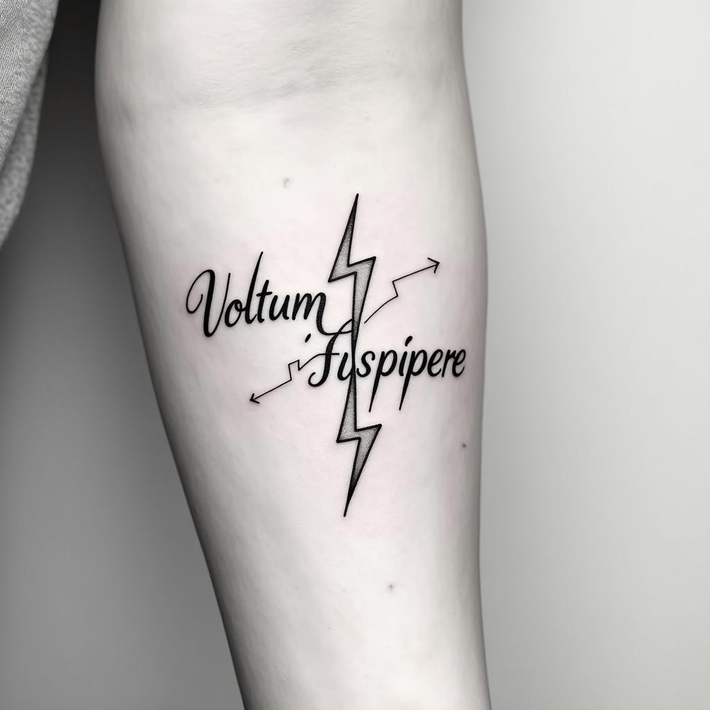 Volatum Suscipere in a calligraphy font 

Lightning bolt outline small
Minimalistic design on forearmin minimalist style tattoo, featuring simple shapes and fine lines, with minimal shading and details, tiny triangles, creating a sense of balance and harmony - Variation 2