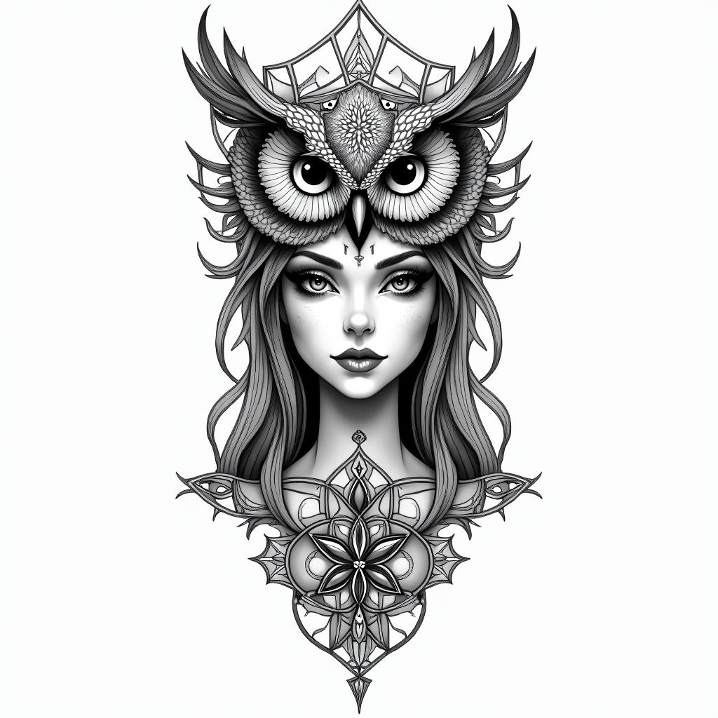 Princess with owl headdress in geometric style tattoo, blending hexagons, mandala-inspired patterns, symmetrical and fractal design, clean lines, sharp angles - Variation 3