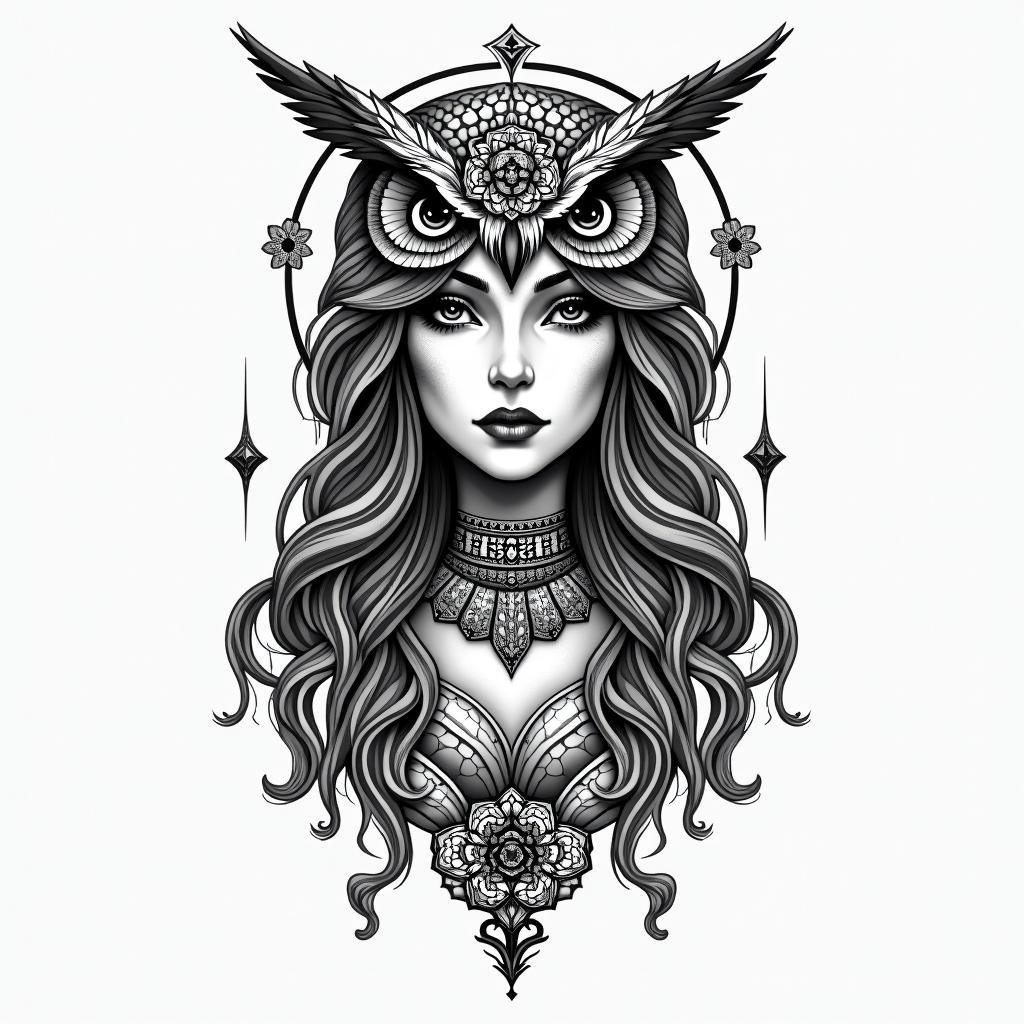 Princess with owl headdress in geometric style tattoo, blending hexagons, mandala-inspired patterns, symmetrical and fractal design, clean lines, sharp angles - Variation 4
