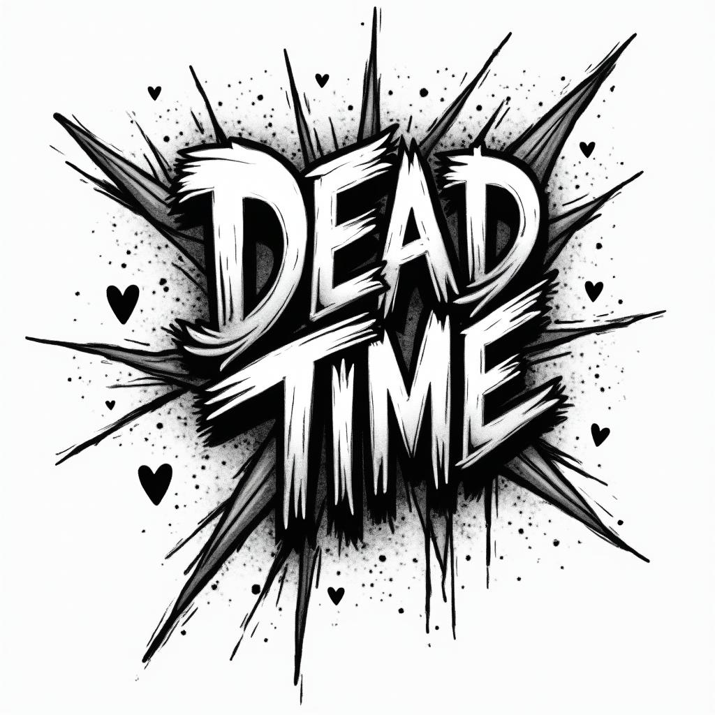 Dead Timein graffiti style tattoo, featuring bold and dynamic street art elements, spray-paint texture with exaggerated lines and expressive, chaotic brushstrokes, intricate lettering incorporated with graffiti tags, symbols like hearts, stars, and wings - Variation 3