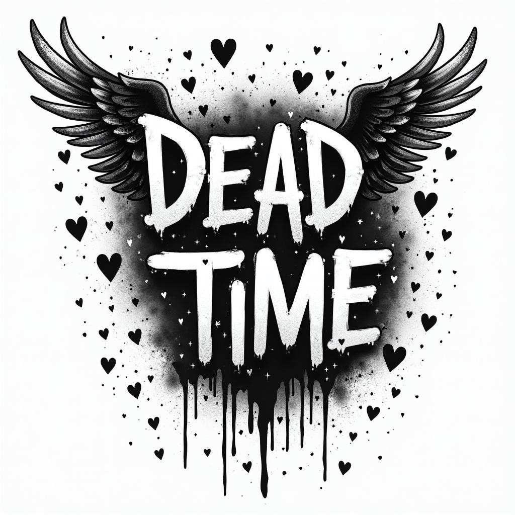 Dead Timein graffiti style tattoo, featuring bold and dynamic street art elements, spray-paint texture with exaggerated lines and expressive, chaotic brushstrokes, intricate lettering incorporated with graffiti tags, symbols like hearts, stars, and wings - Variation 2