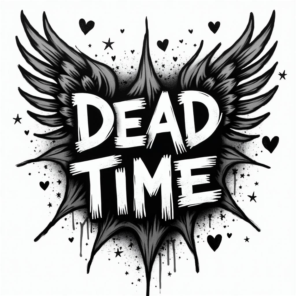 Dead Timein graffiti style tattoo, featuring bold and dynamic street art elements, spray-paint texture with exaggerated lines and expressive, chaotic brushstrokes, intricate lettering incorporated with graffiti tags, symbols like hearts, stars, and wings