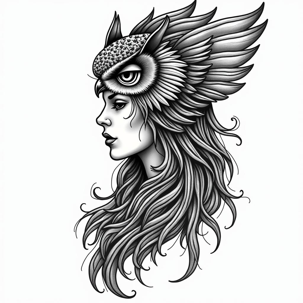 Princess with owl headdressin authentic tattoo style, incorporating traditional modifications, bold black outlines, solid color fills, featuring classic authentic elements - Variation 2
