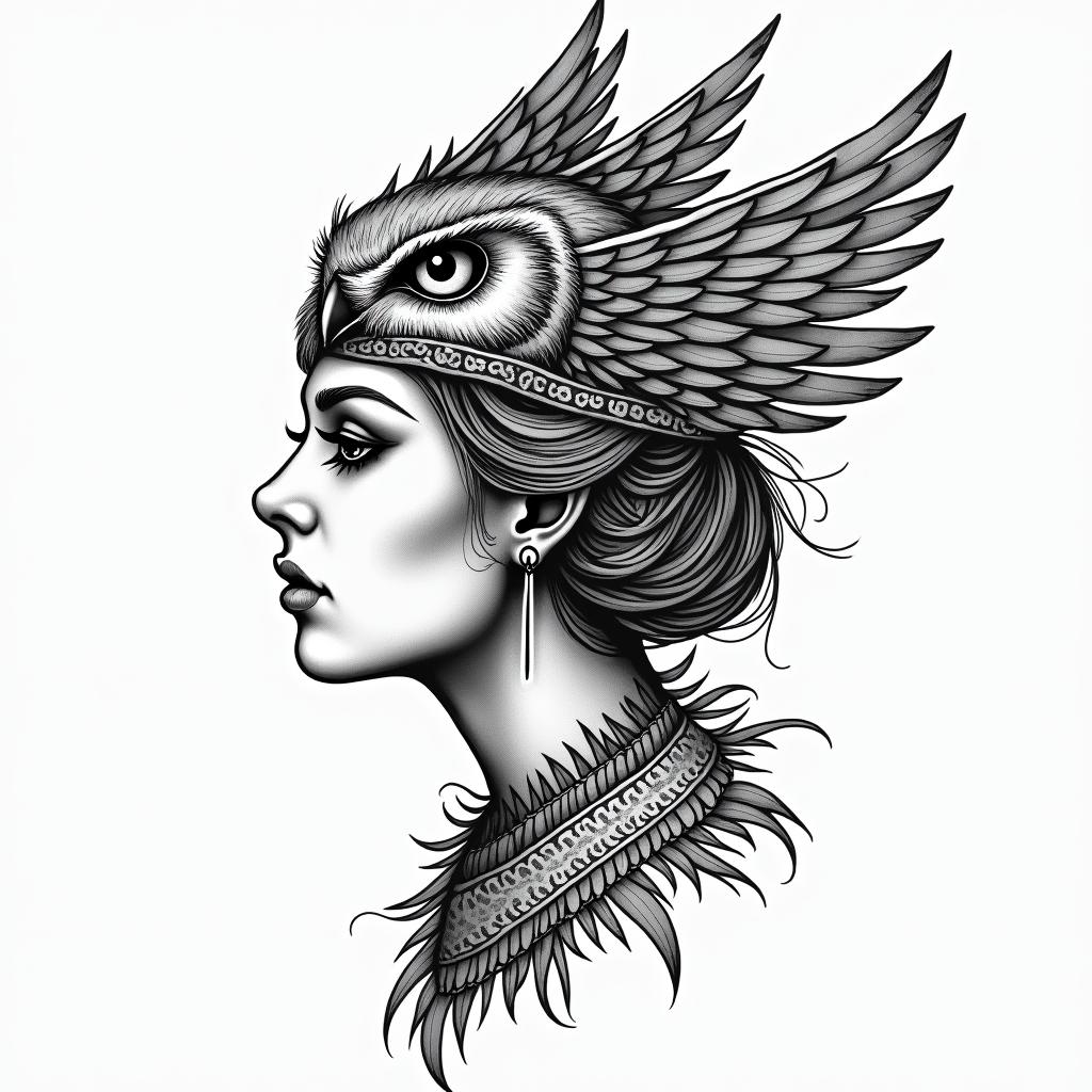 Princess with owl headdressin authentic tattoo style, incorporating traditional modifications, bold black outlines, solid color fills, featuring classic authentic elements - Variation 3