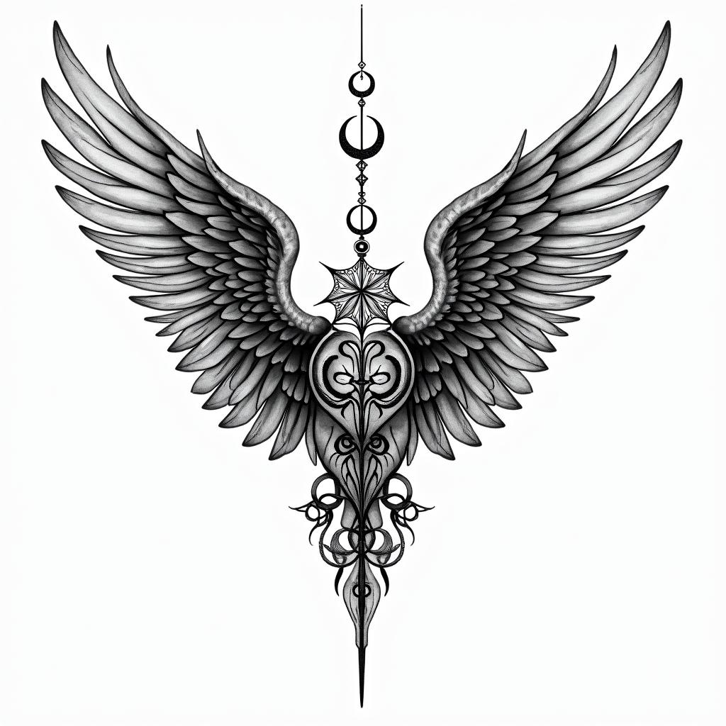 Angel wings with detailed feathersin paganic style tattoo, featuring ancient symbols, add vegvisir symbol, mystical figures, incorporating designs, pentagrams, runes, crescent moons, - Variation 3