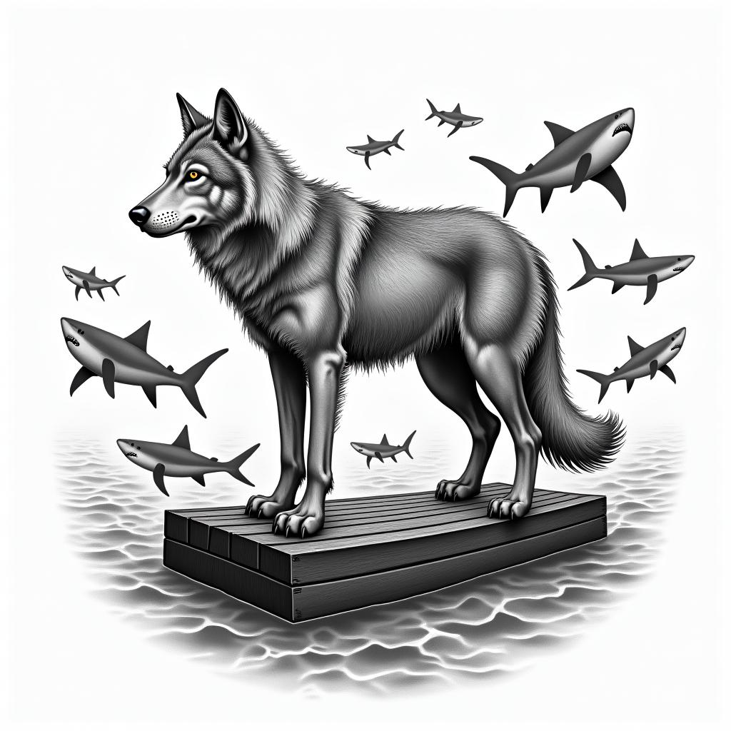Wolf on a raft in the ocean surrounded by sharks in the waterhigly detailed tattoo - Variation 2