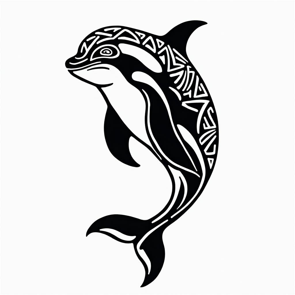 Orca, PACIFIC NORTHWESTin tribal tattoo style, featuring bold and black geometric shapes, curved lines, intertwine and flow seamlessly, creating a powerful and symbolic design, polynesian and maori styles - Variation 6