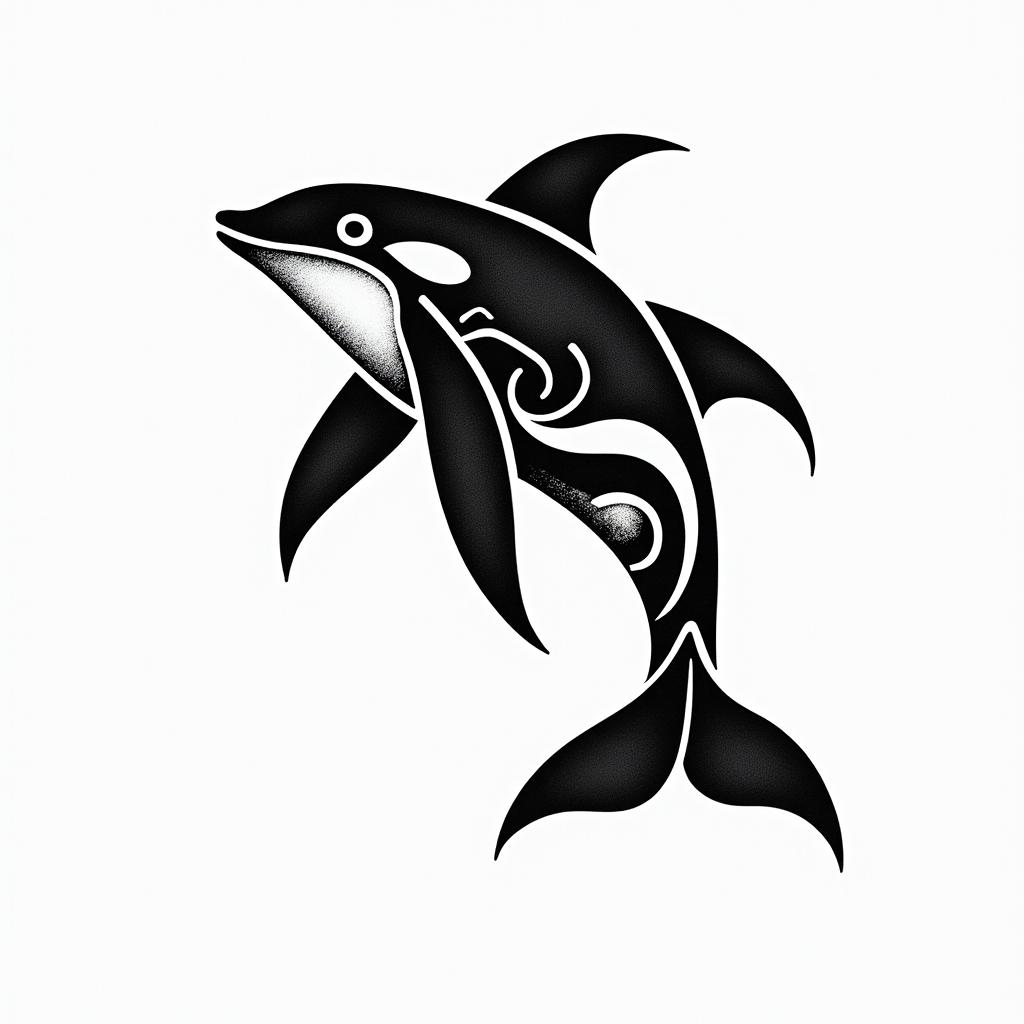 Orca, PACIFIC NORTHWESTin tribal tattoo style, featuring bold and black geometric shapes, curved lines, intertwine and flow seamlessly, creating a powerful and symbolic design, polynesian and maori styles