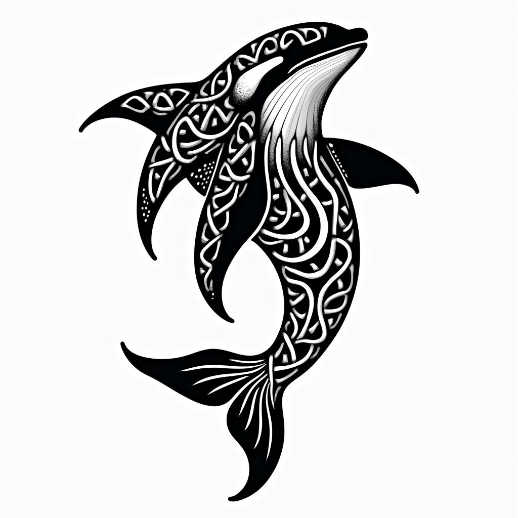 Orca, PACIFIC NORTHWESTin tribal tattoo style, featuring bold and black geometric shapes, curved lines, intertwine and flow seamlessly, creating a powerful and symbolic design, polynesian and maori styles - Variation 2