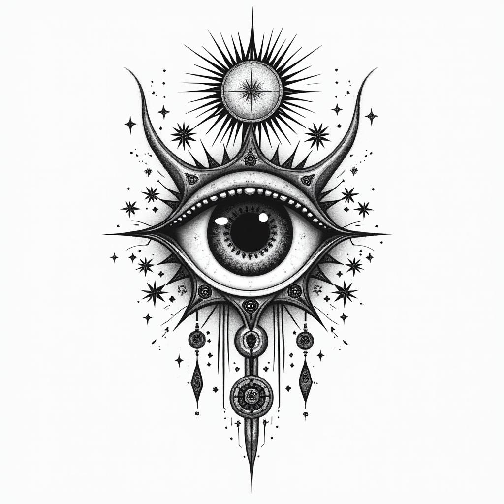 Dead Timein prophecy tattoo style, featuring mystical symbols, celestial imagery like stars, moons, suns, geometric patterns, foretelling elements, an eye of wisdom - Variation 2