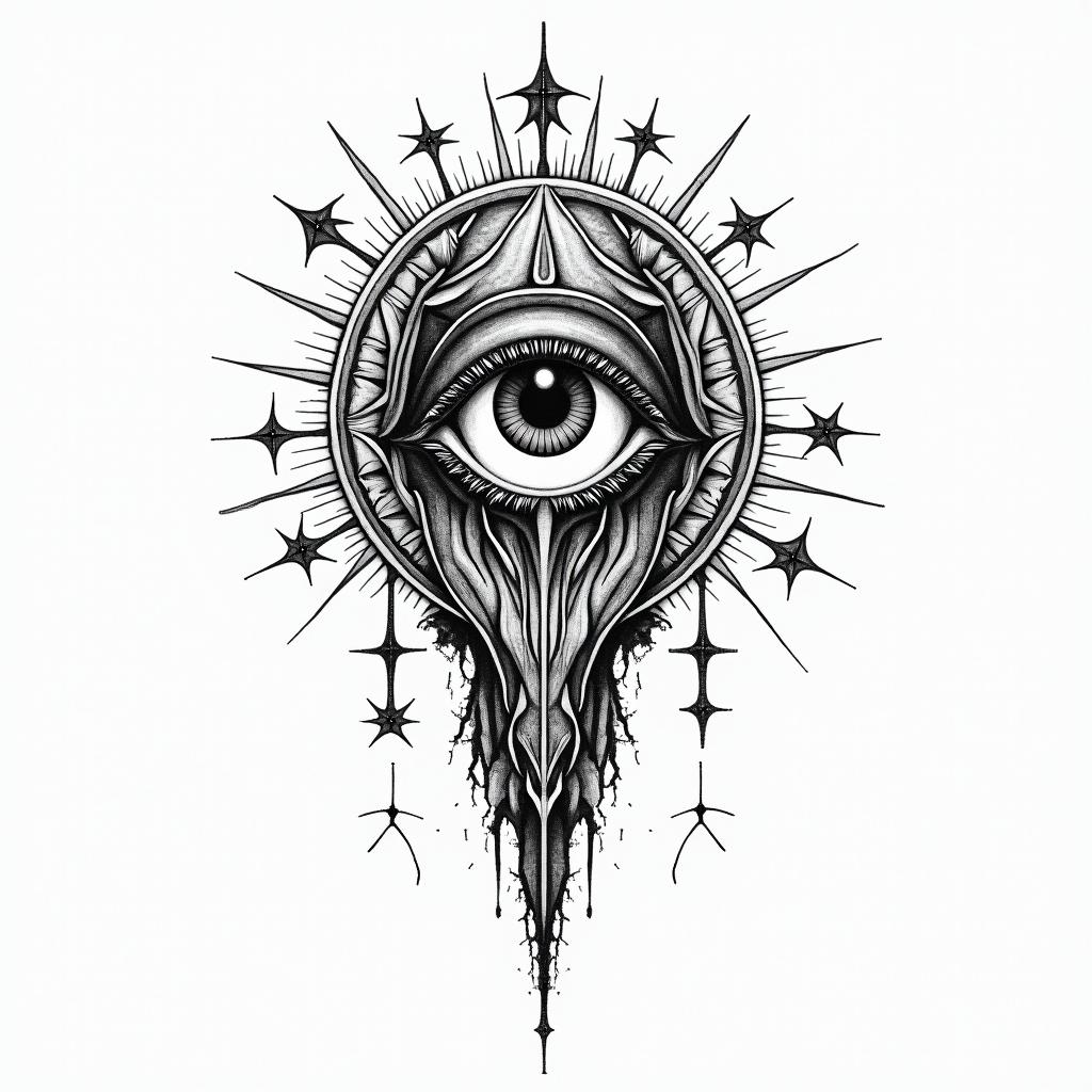 Dead Timein prophecy tattoo style, featuring mystical symbols, celestial imagery like stars, moons, suns, geometric patterns, foretelling elements, an eye of wisdom - Variation 3