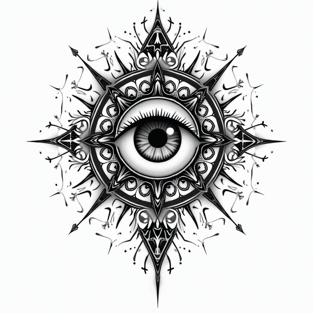 Dead Timein prophecy tattoo style, featuring mystical symbols, celestial imagery like stars, moons, suns, geometric patterns, foretelling elements, an eye of wisdom - Variation 4