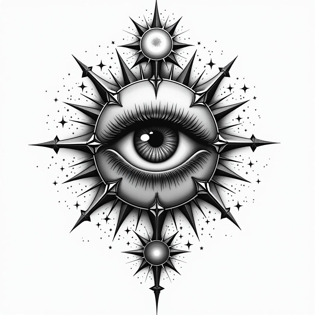 Dead Timein prophecy tattoo style, featuring mystical symbols, celestial imagery like stars, moons, suns, geometric patterns, foretelling elements, an eye of wisdom