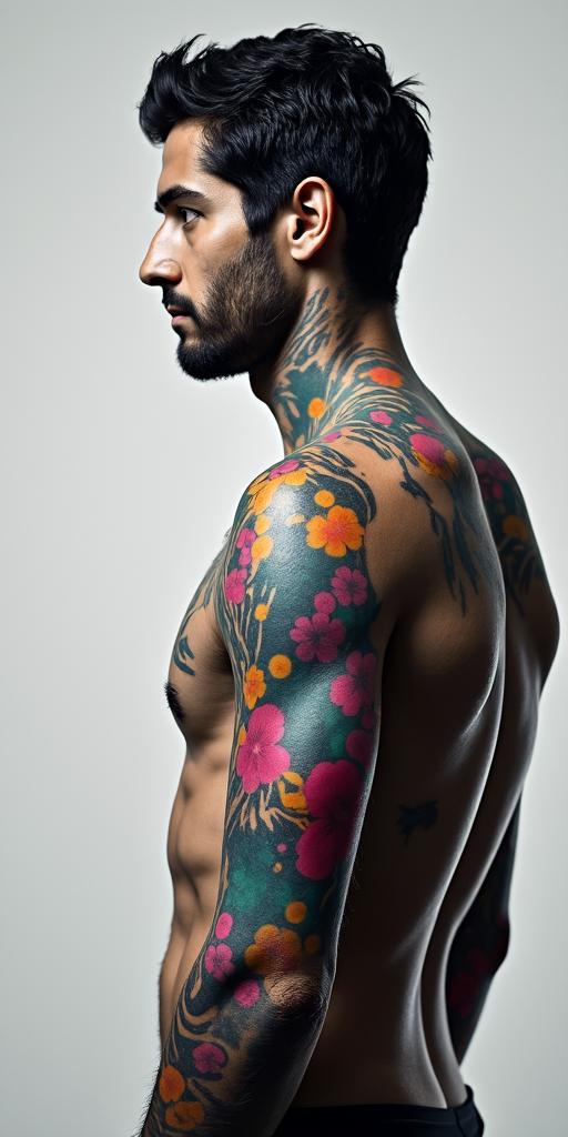 Carlos reads the United States.in distorted and fragmented tattoo design, featuring a classical statue bust, in a glitch art style with vibrant, overlapping colors of cyan, magenta, and yellow, creating a digital distortion effect - Variation 2