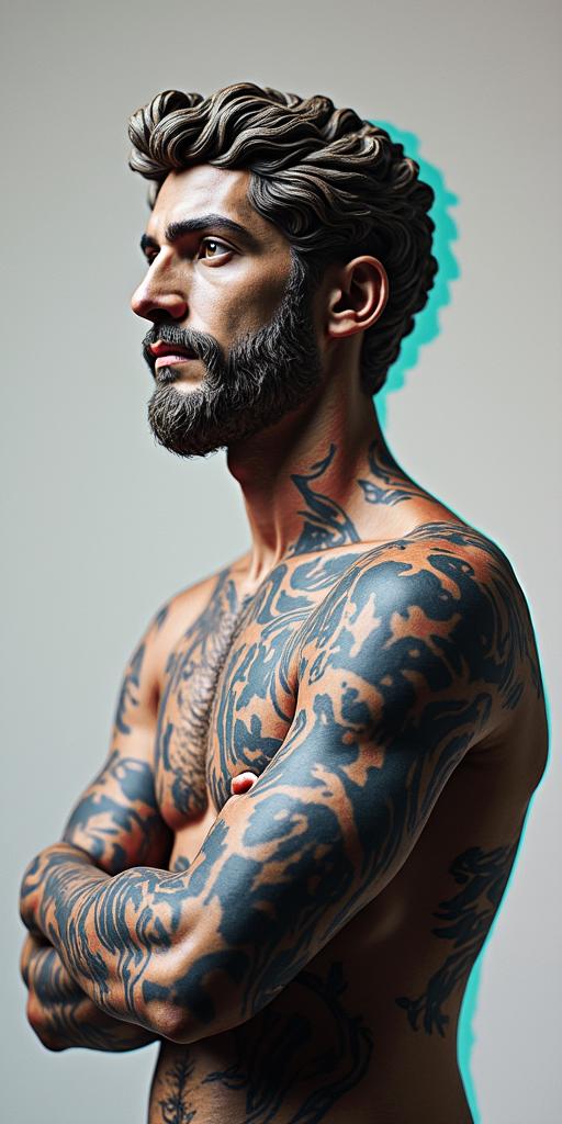 Carlos reads the United States.in distorted and fragmented tattoo design, featuring a classical statue bust, in a glitch art style with vibrant, overlapping colors of cyan, magenta, and yellow, creating a digital distortion effect - Variation 3