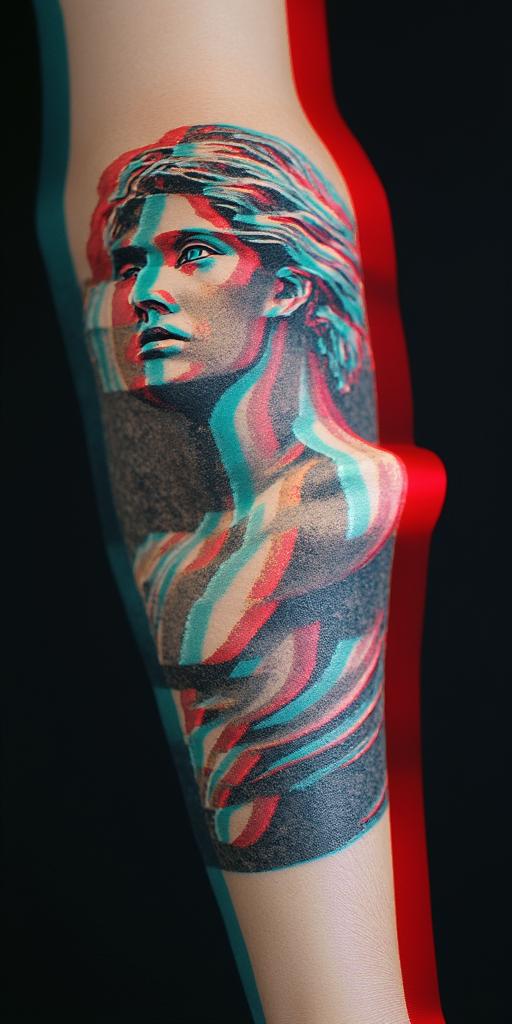 Carlos reads the United States.in distorted and fragmented tattoo design, featuring a classical statue bust, in a glitch art style with vibrant, overlapping colors of cyan, magenta, and yellow, creating a digital distortion effect