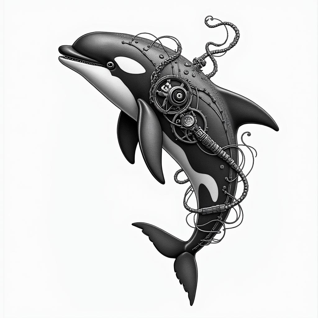 Orca, PACIFIC NORTHWESTtattoo in biomechanic style, the tattoo covered by robotic elements of futuristic cyberpunk design, robotic features detail, showcasing intricate mechanical components