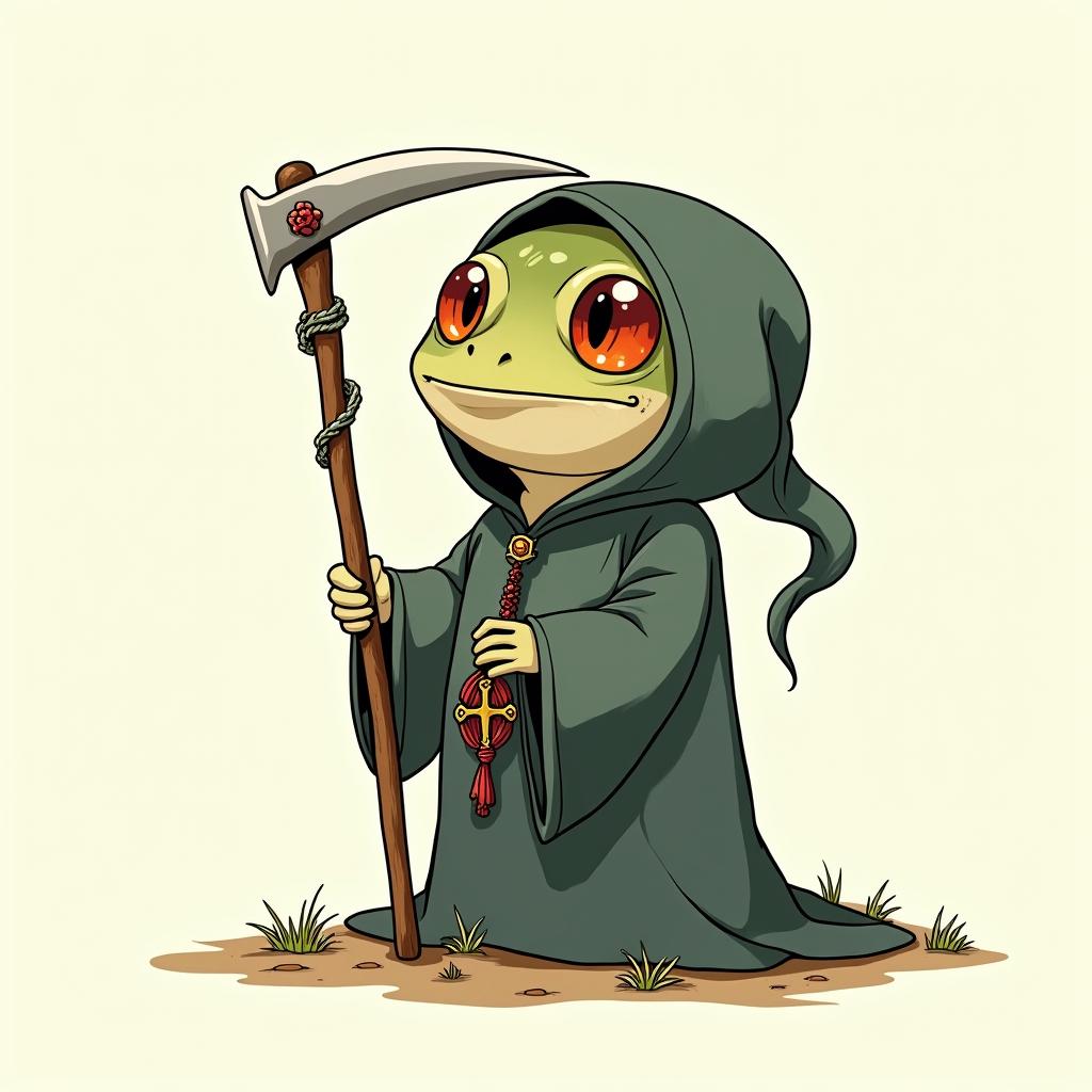Grim Reaper frog with scythe and rosaryGhibli, Studio Ghibli aesthetic, hand-drawn anime style, retro nostalgic atmosphere, retro soft pastel color palette with earthy tones, retro Japanese cinematic shot, yellow tint effect, bald character, smooth surface, anime shadow 90's anime style