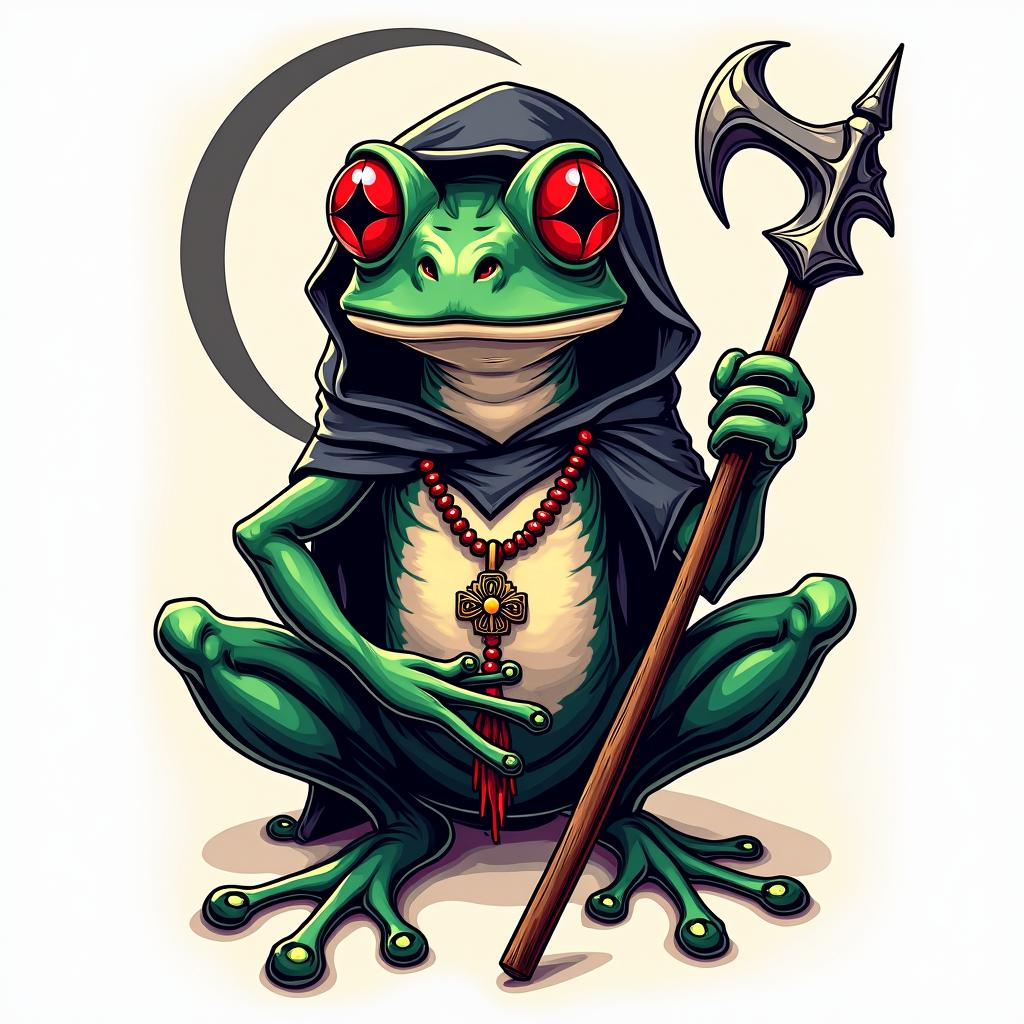 Grim Reaper frog with scythe and rosaryin pop art style tattoo, featuring bold and vibrant colors, exaggerated outlines, iconic imagery, inspired by comic books and speech bubbles, comic book characters, retro pop culture - Variation 3
