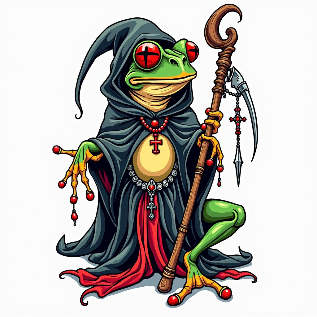 Grim Reaper frog with scythe and rosaryin pop art style tattoo, featuring bold and vibrant colors, exaggerated outlines, iconic imagery, inspired by comic books and speech bubbles, comic book characters, retro pop culture - Variation 2