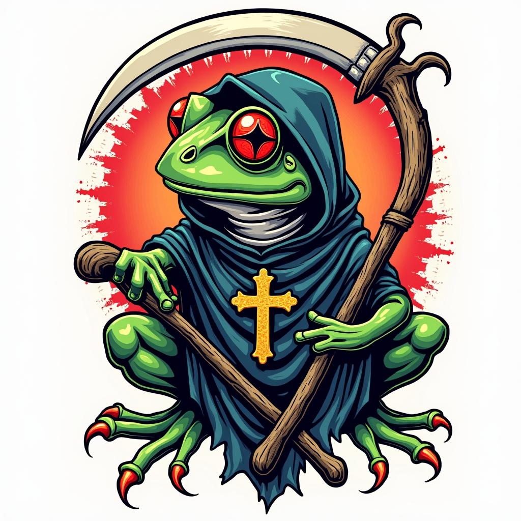 Grim Reaper frog with scythe and rosaryin pop art style tattoo, featuring bold and vibrant colors, exaggerated outlines, iconic imagery, inspired by comic books and speech bubbles, comic book characters, retro pop culture - Variation 4