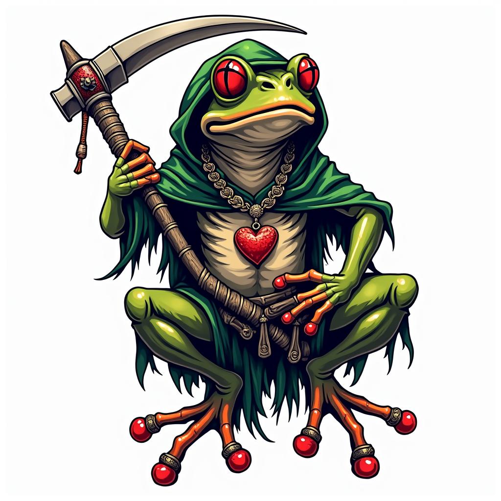 Grim Reaper frog with scythe and rosaryin pop art style tattoo, featuring bold and vibrant colors, exaggerated outlines, iconic imagery, inspired by comic books and speech bubbles, comic book characters, retro pop culture