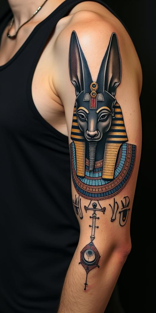Anubisin egyptian style tattoo, bold elements of ancient egyptian culture including a portrait of an Egyptian pharaoh with detailed facial features, in hieroglyphs and symbolic imagery, eye of horus, ankh symbol, scarab beetle - Variation 11