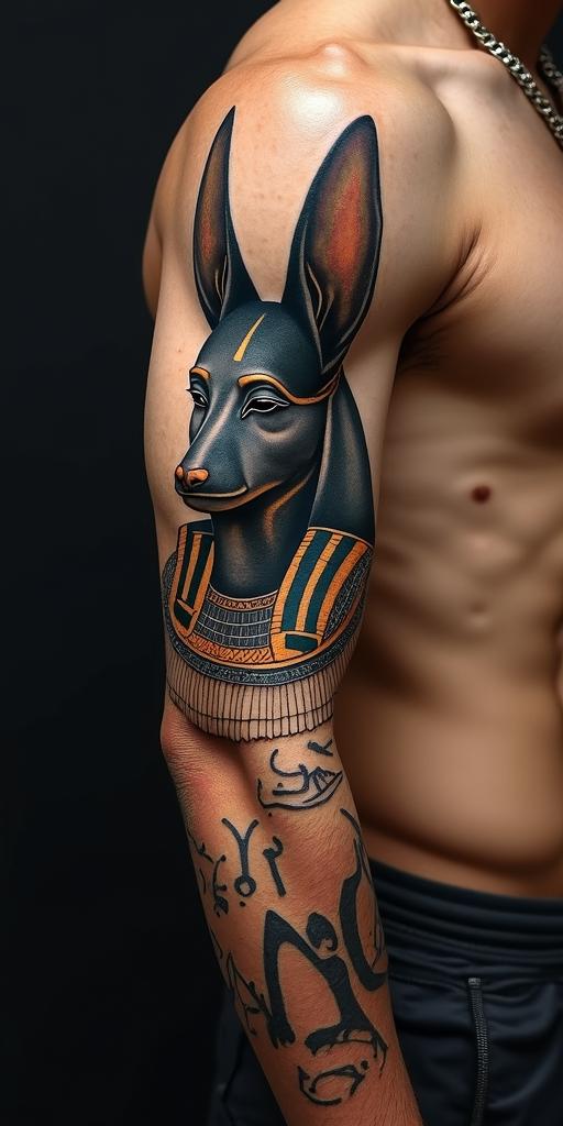 Anubisin egyptian style tattoo, bold elements of ancient egyptian culture including a portrait of an Egyptian pharaoh with detailed facial features, in hieroglyphs and symbolic imagery, eye of horus, ankh symbol, scarab beetle - Variation 9