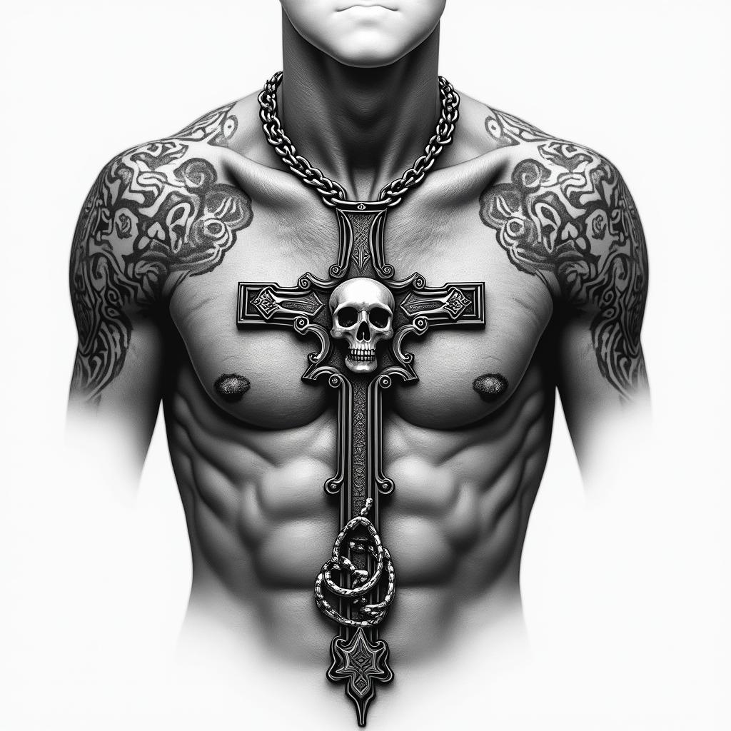Chest peice 210 in the top right of chest loyalty around collar bone bible verse on left peck and a symbol that symbolize my 3 brothers on my right peckin chicano style tattoo, featuring intricate black and grey shading, bold elements of traditional chicano culture symbols, add a big cross with skull, chains and roses - Variation 3