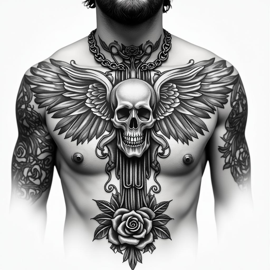 Chest peice 210 in the top right of chest loyalty around collar bone bible verse on left peck and a symbol that symbolize my 3 brothers on my right peckin chicano style tattoo, featuring intricate black and grey shading, bold elements of traditional chicano culture symbols, add a big cross with skull, chains and roses - Variation 4