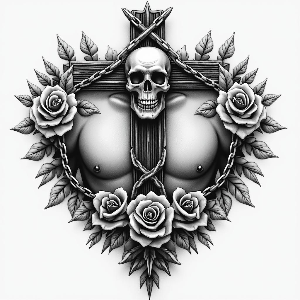 Chest peice 210 in the top right of chest loyalty around collar bone bible verse on left peck and a symbol that symbolize my 3 brothers on my right peckin chicano style tattoo, featuring intricate black and grey shading, bold elements of traditional chicano culture symbols, add a big cross with skull, chains and roses - Variation 2