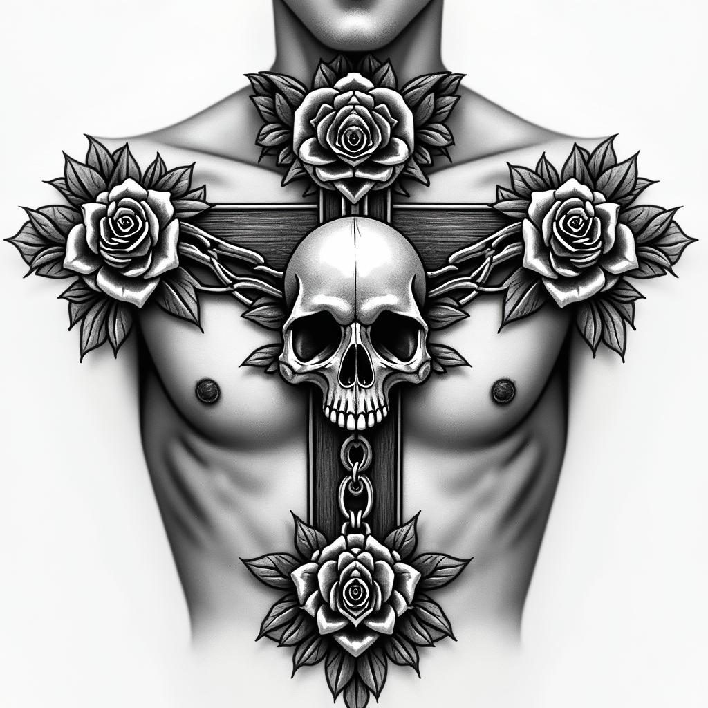 Chest peice 210 in the top right of chest loyalty around collar bone bible verse on left peck and a symbol that symbolize my 3 brothers on my right peckin chicano style tattoo, featuring intricate black and grey shading, bold elements of traditional chicano culture symbols, add a big cross with skull, chains and roses