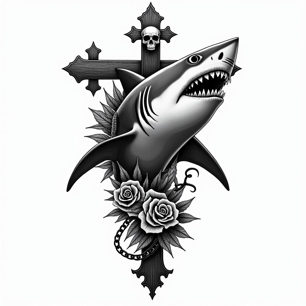 White shark demonicin chicano style tattoo, featuring intricate black and grey shading, bold elements of traditional chicano culture symbols, add a big cross with skull, chains and roses