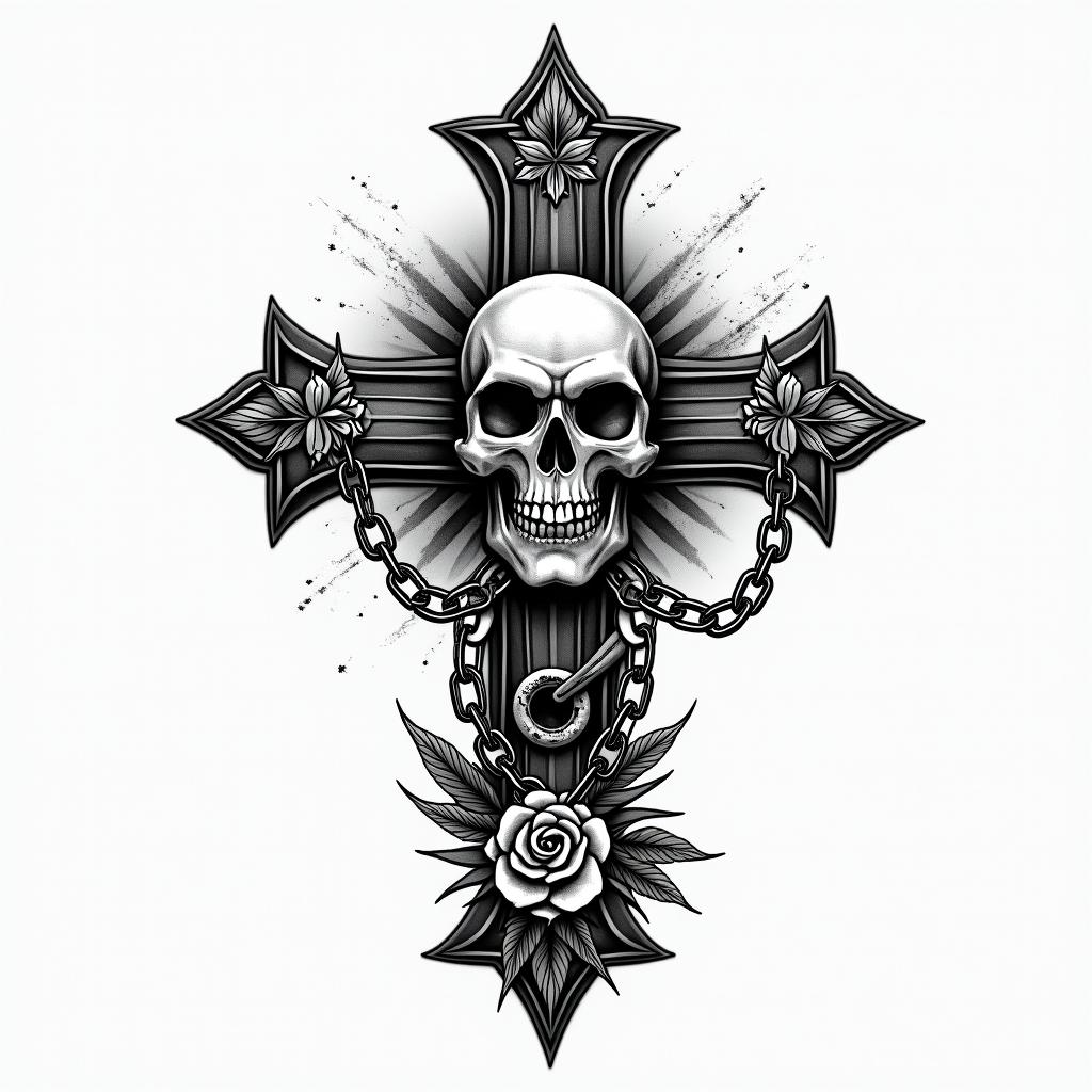 White shark demonicin chicano style tattoo, featuring intricate black and grey shading, bold elements of traditional chicano culture symbols, add a big cross with skull, chains and roses - Variation 4