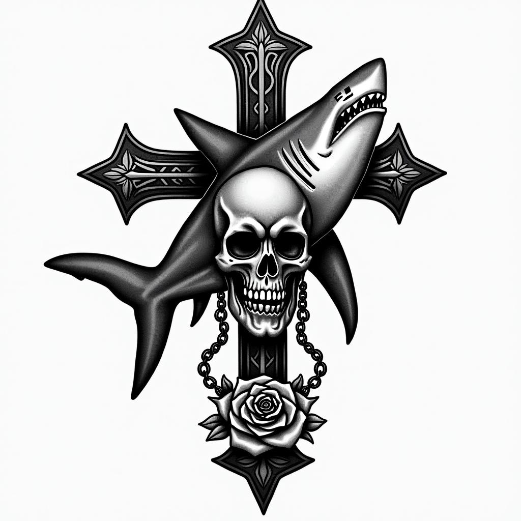 White shark demonicin chicano style tattoo, featuring intricate black and grey shading, bold elements of traditional chicano culture symbols, add a big cross with skull, chains and roses - Variation 3