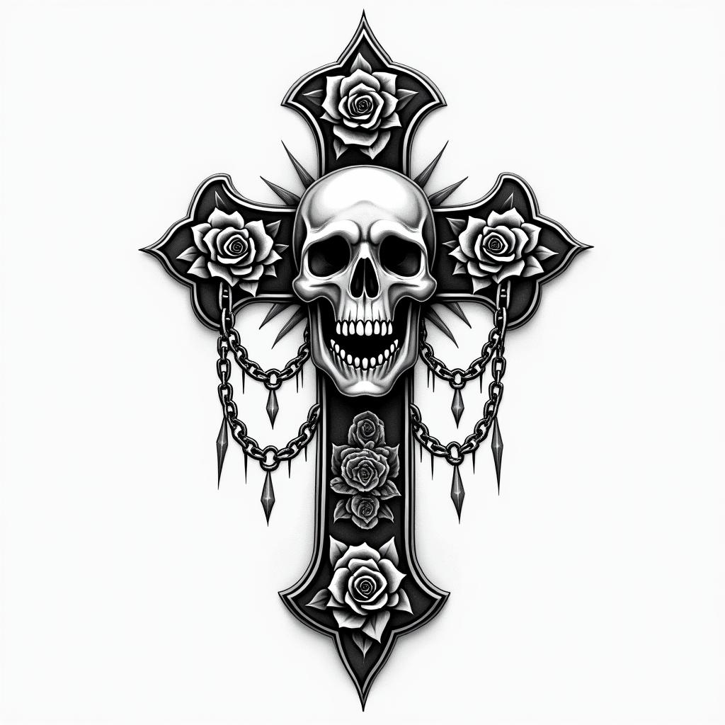 White shark demonicin chicano style tattoo, featuring intricate black and grey shading, bold elements of traditional chicano culture symbols, add a big cross with skull, chains and roses - Variation 2