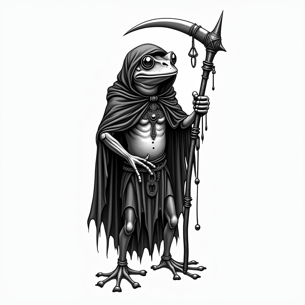 Grim Reaper frog with scythe and rosaryin new school tattoo, pop culture, modern, detailed tattoo, illustrative