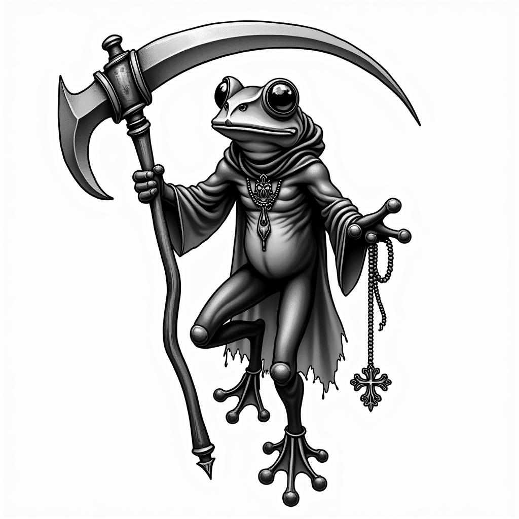 Grim Reaper frog with scythe and rosaryin new school tattoo, pop culture, modern, detailed tattoo, illustrative - Variation 3