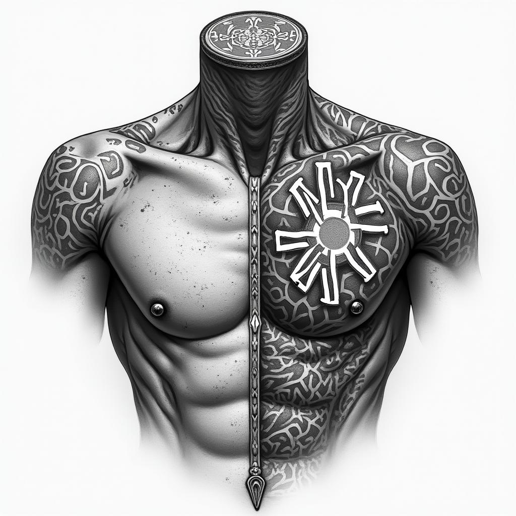 Chest peice 210 in the top right of chest loyalty around collar bone bible verse on left peck and a symbol that symbolize my 3 brothers on my right peckin authentic tattoo style, incorporating traditional modifications, bold black outlines, solid color fills, featuring classic authentic elements - Variation 1