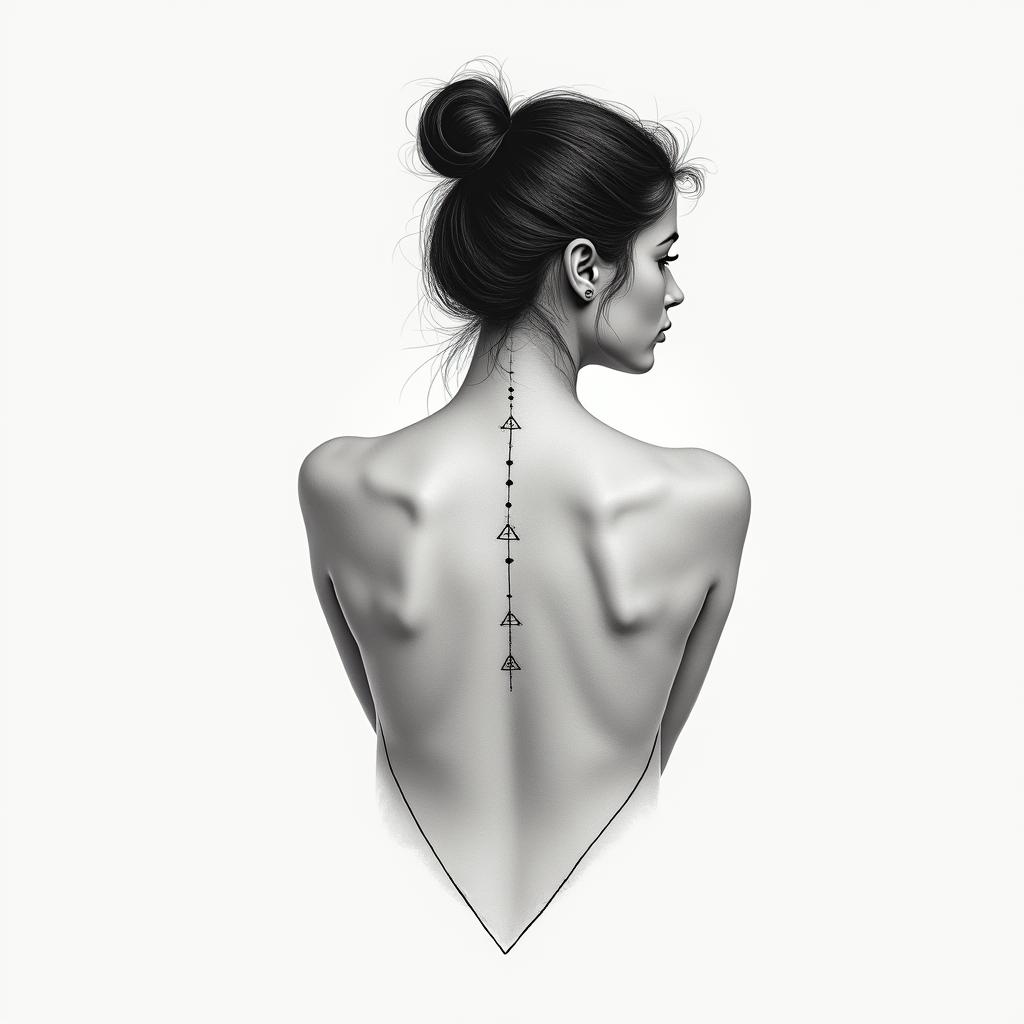Leo, female, cute, on the back of the back down to shoulderin minimalist style tattoo, featuring simple shapes and fine lines, with minimal shading and details, tiny triangles, creating a sense of balance and harmony - Variation 2