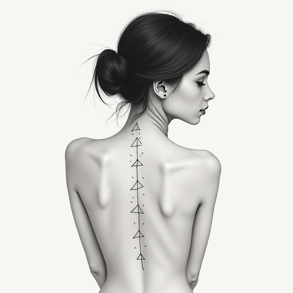 Leo, female, cute, on the back of the back down to shoulderin minimalist style tattoo, featuring simple shapes and fine lines, with minimal shading and details, tiny triangles, creating a sense of balance and harmony - Variation 4