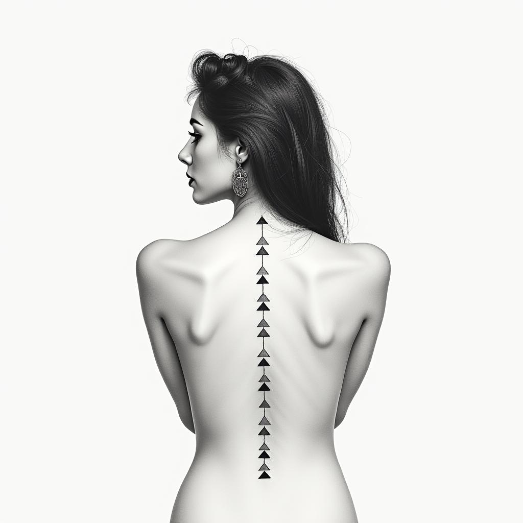 Leo, female, cute, on the back of the back down to shoulderin minimalist style tattoo, featuring simple shapes and fine lines, with minimal shading and details, tiny triangles, creating a sense of balance and harmony