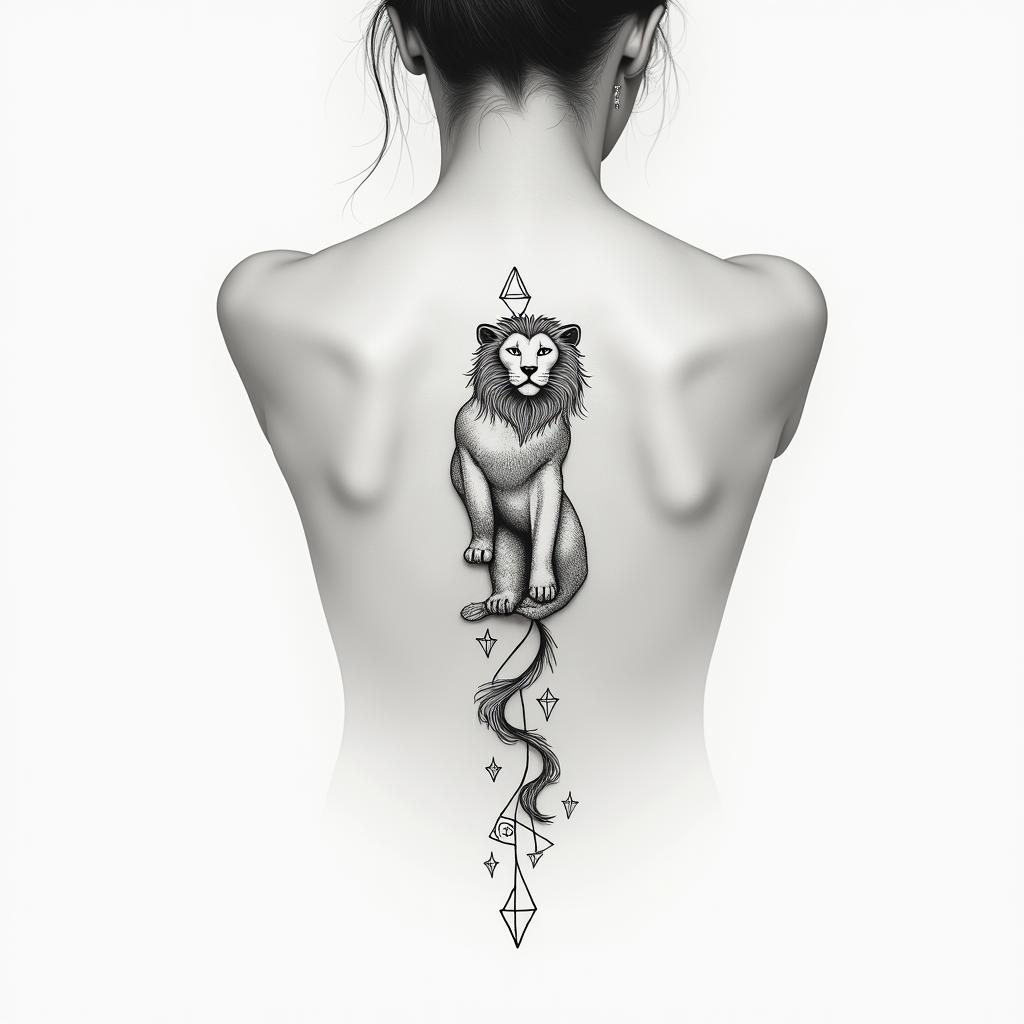 Leo, female, cute, on the back of the back down to shoulderin minimalist style tattoo, featuring simple shapes and fine lines, with minimal shading and details, tiny triangles, creating a sense of balance and harmony - Variation 3