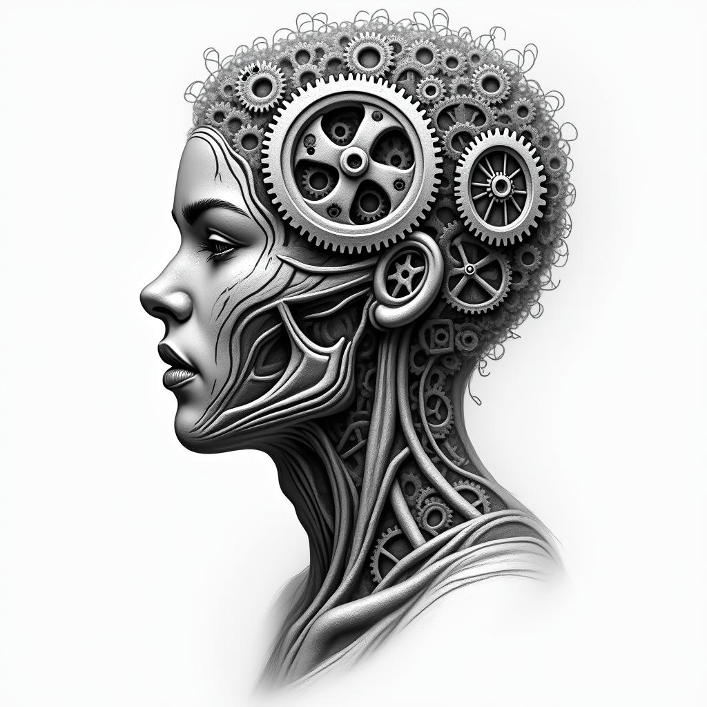 Mechanical gears merged with human anatomyhigly detailed tattoo - Variation 4