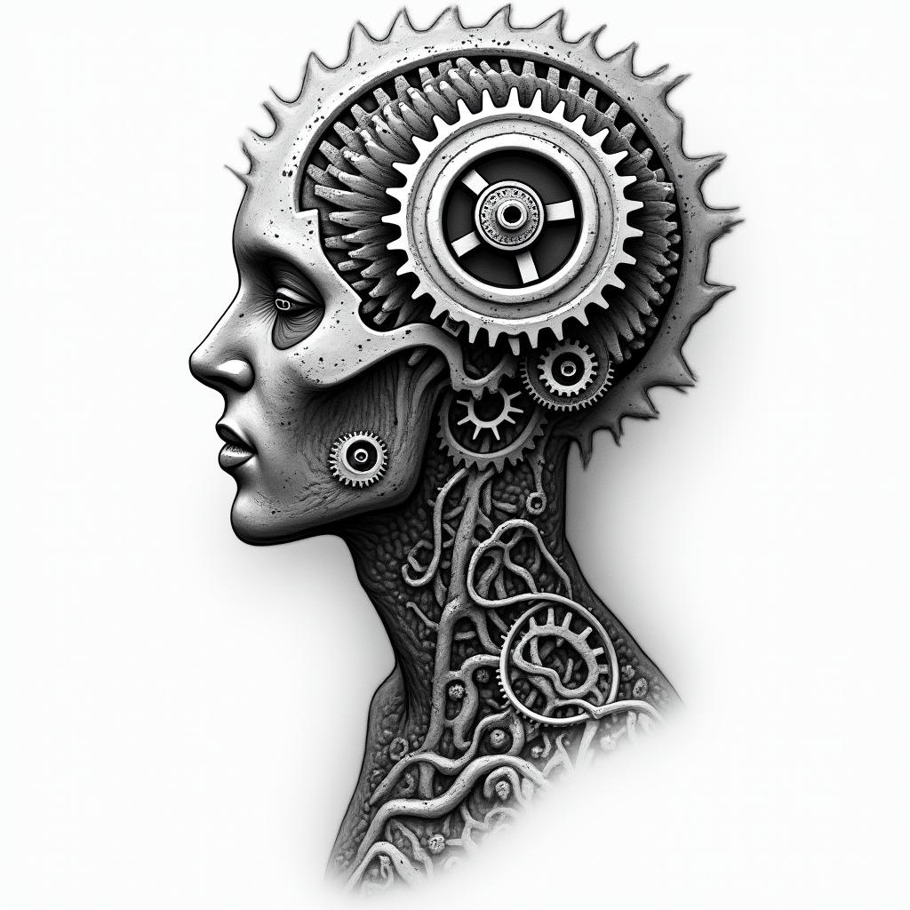 Mechanical gears merged with human anatomyhigly detailed tattoo - Variation 3