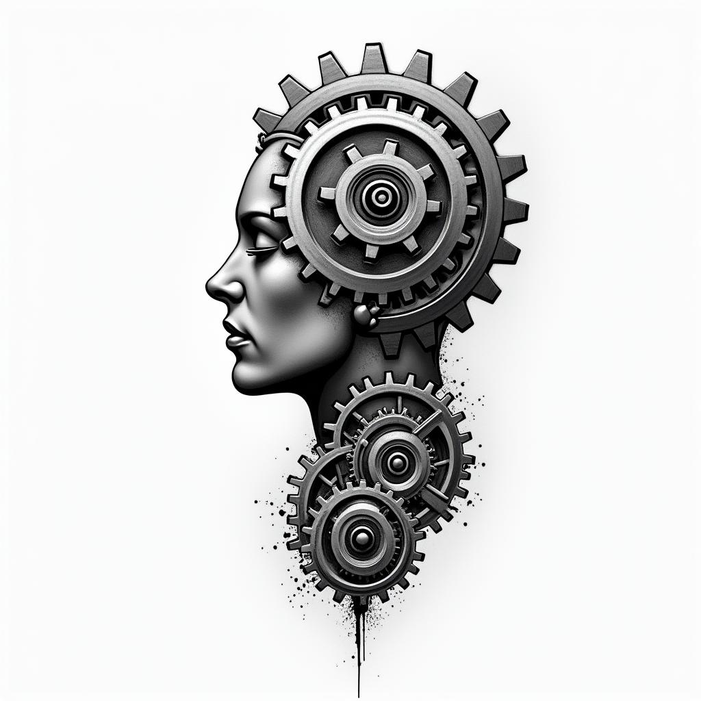 Mechanical gears merged with human anatomyhigly detailed tattoo